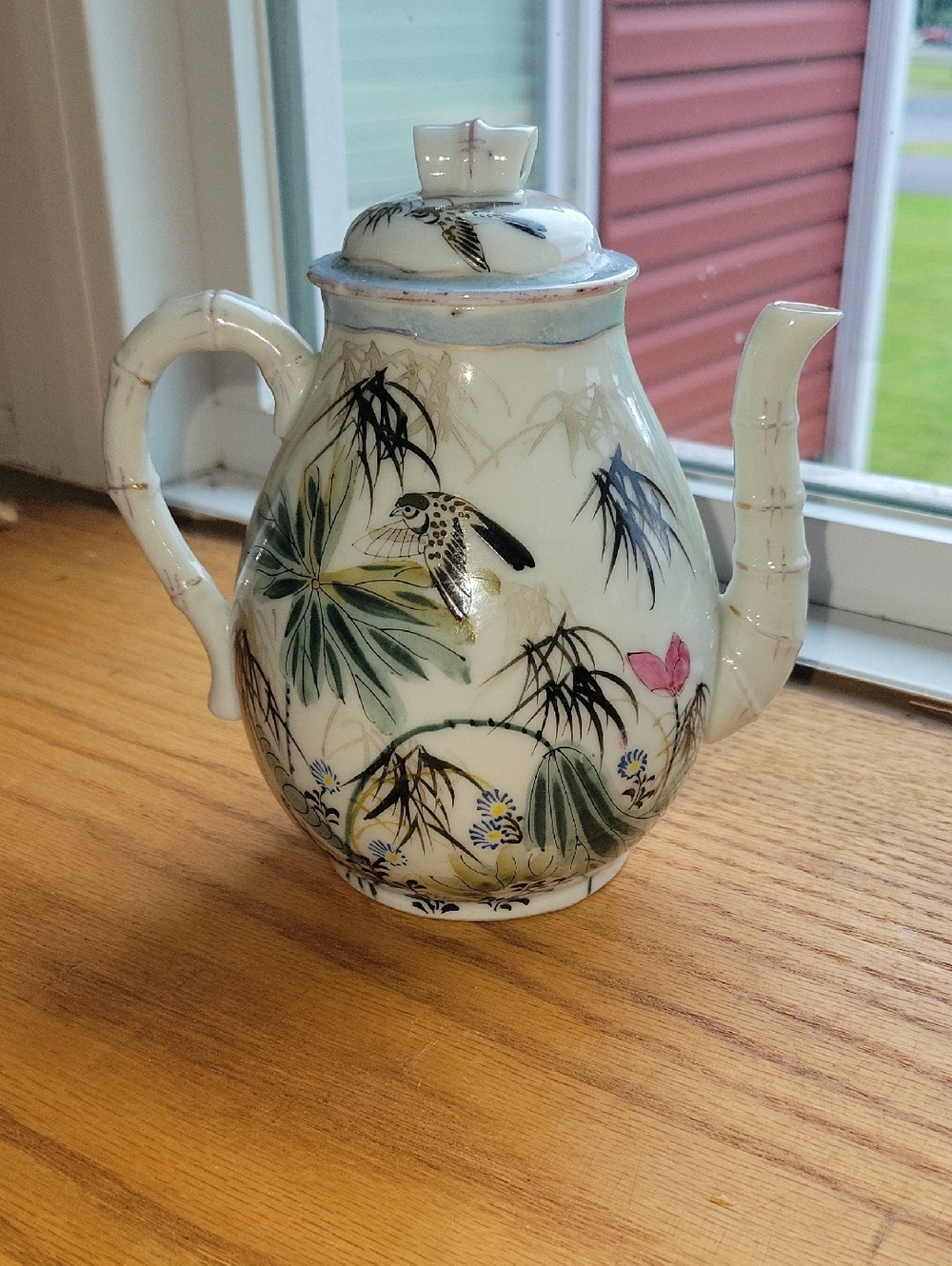 Hand-Painted Japanese Porcelain Teapot with Bird & Bamboo Motif - White